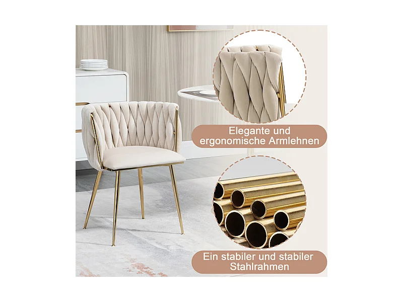 Lot de 2 Chaise en velours beige - pieds en métal avec patins anti-dérapants - 54x52x72cm