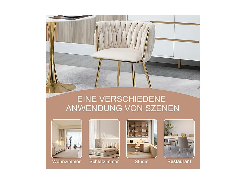 Lot de 2 Chaise en velours beige - pieds en métal avec patins anti-dérapants - 54x52x72cm