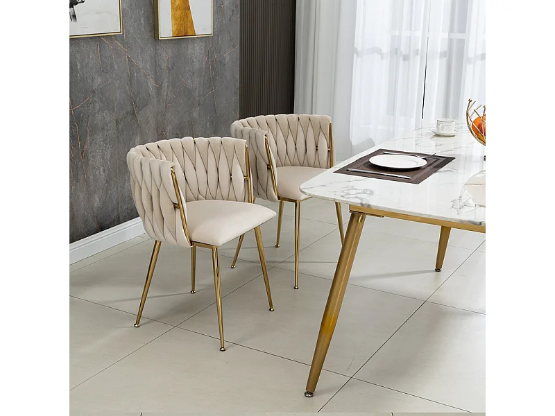 Lot de 2 Chaise en velours beige - pieds en métal avec patins anti-dérapants - 54x52x72cm