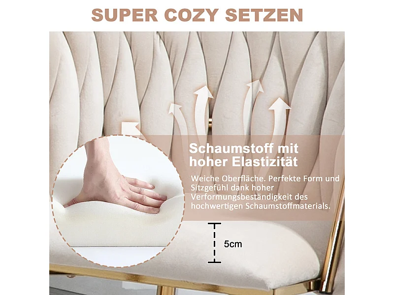 Lot de 2 Chaise en velours beige - pieds en métal avec patins anti-dérapants - 54x52x72cm