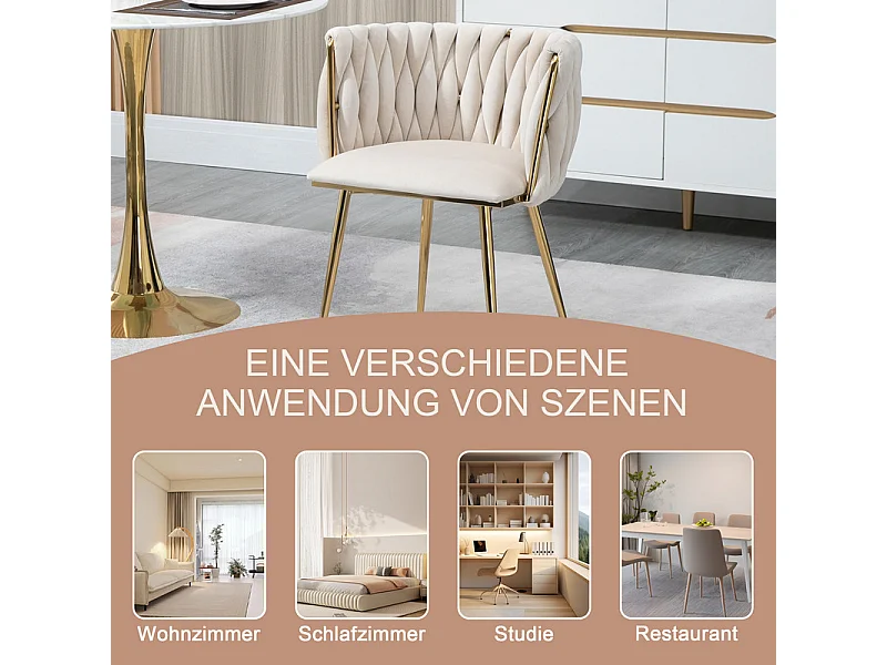 Lot de 2 Chaise en velours beige - pieds en métal avec patins anti-dérapants - 54x52x72cm