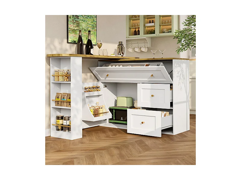 Draaibaar uitbreidbaar Bar Tafel - met 2 deuren, 2 lades und 3 nissen - MDF - 138/204×39×105cm - Wit