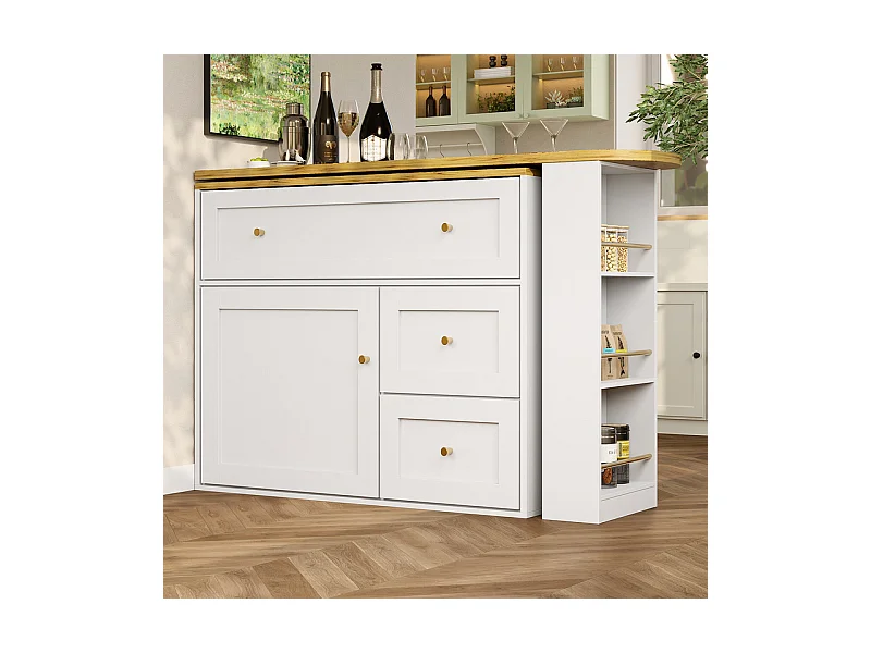 Draaibaar uitbreidbaar Bar Tafel - met 2 deuren, 2 lades und 3 nissen - MDF - 138/204×39×105cm - Wit