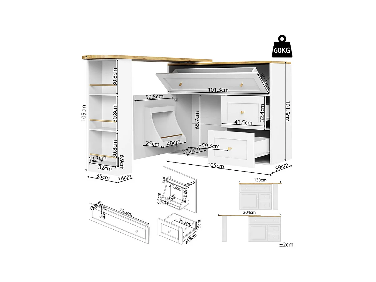 Draaibaar uitbreidbaar Bar Tafel - met 2 deuren, 2 lades und 3 nissen - MDF - 138/204×39×105cm - Wit