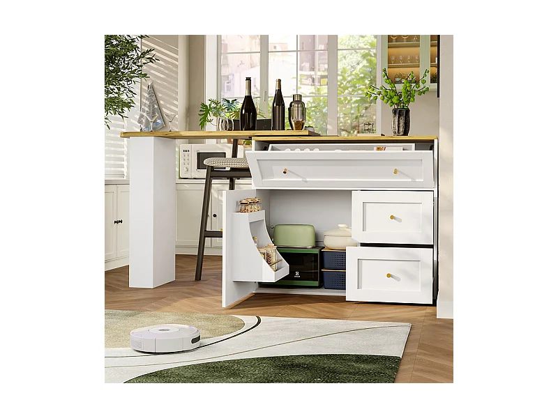 Drehbarer erweiterbarer Bar-Tisch - mit 2 Türen, 2 Schubladen und 3 Fächern - MDF - 138/204×39×105cm - Weiß