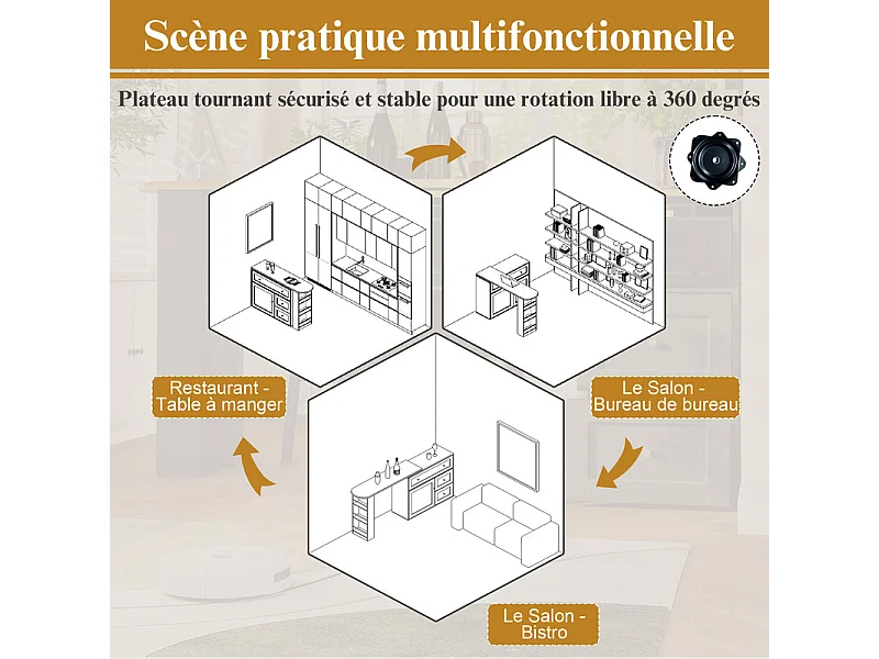 Table de Bar extensible pivotant - avec 2 portes, 2 tiroir et 3 niche - MDF - 138/204×39×105cm - Blanc