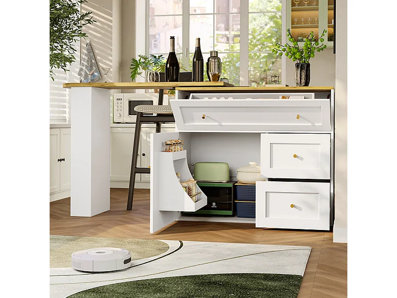 Tavolo da Bar estensibile girevole - con 2 ante, 2 cassetti e 3 nicchie - MDF - 138/204×39×105cm - Bianco