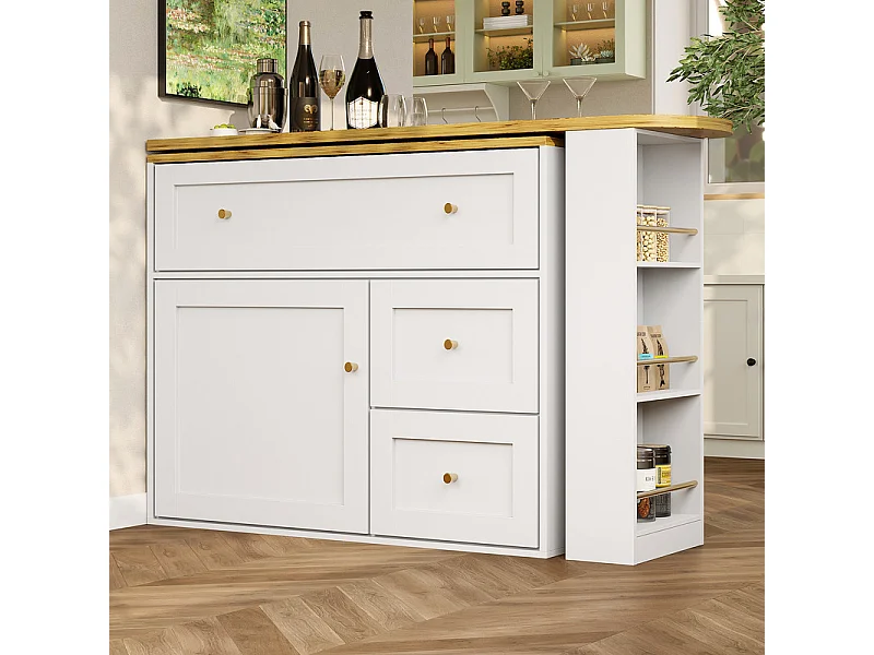 Tavolo da Bar estensibile girevole - con 2 ante, 2 cassetti e 3 nicchie - MDF - 138/204×39×105cm - Bianco