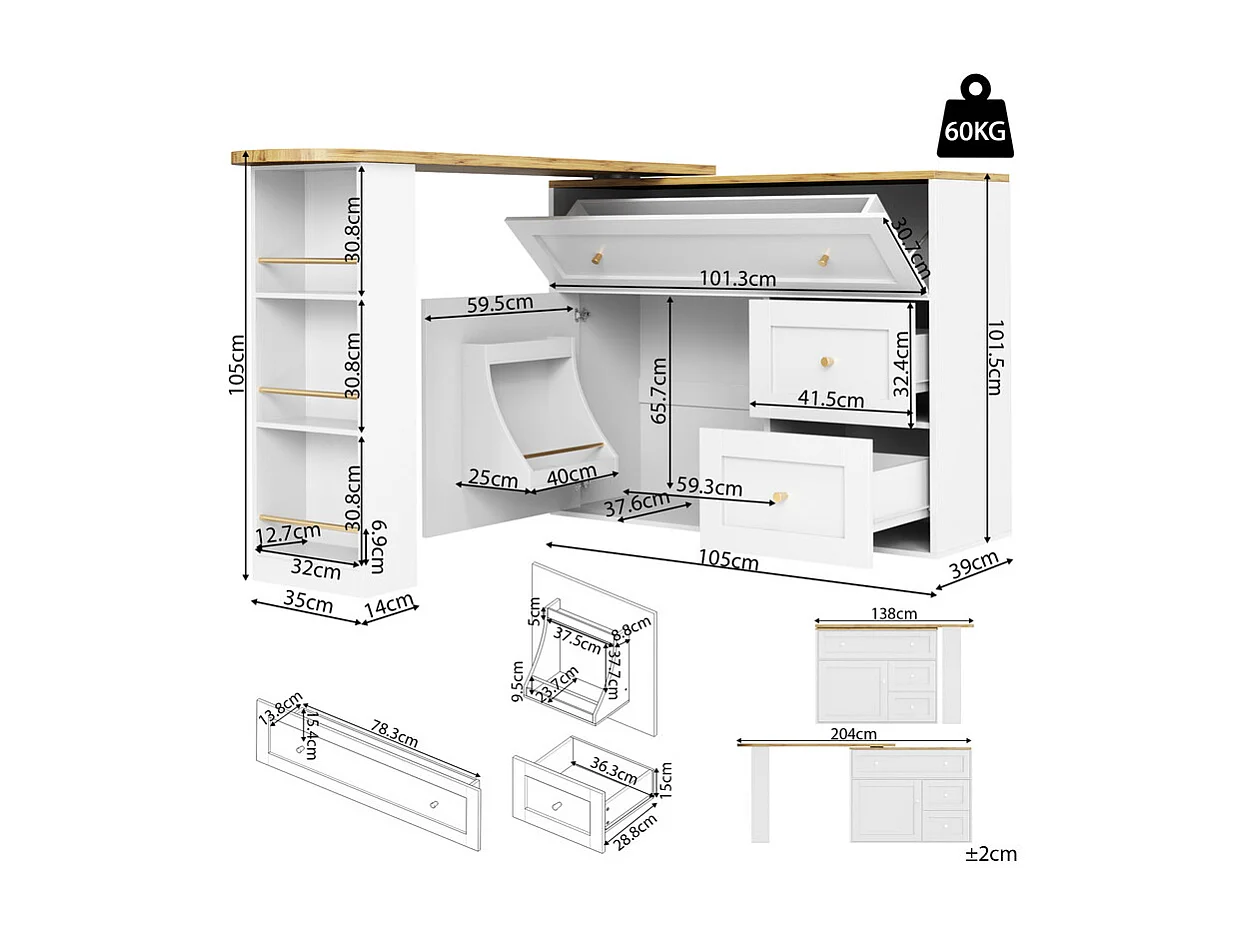 Tavolo da Bar estensibile girevole - con 2 ante, 2 cassetti e 3 nicchie - MDF - 138/204×39×105cm - Bianco