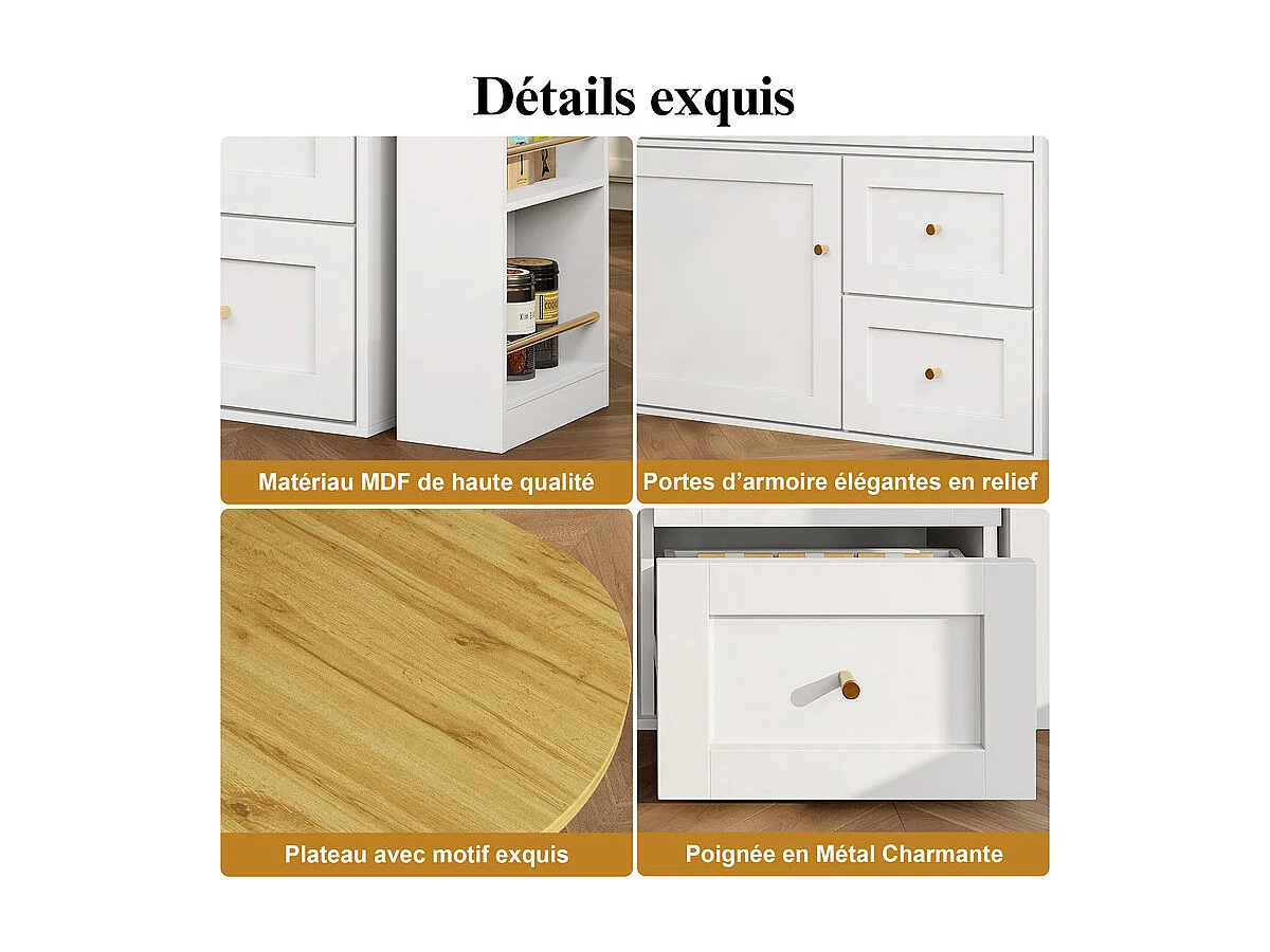 Tavolo da Bar estensibile girevole - con 2 ante, 2 cassetti e 3 nicchie - MDF - 138/204×39×105cm - Bianco