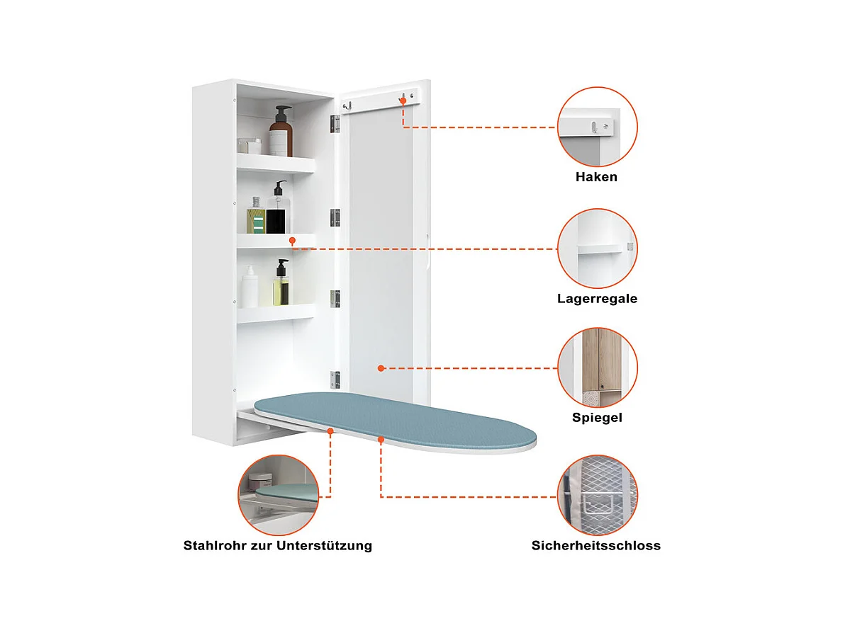 Wandkast badkamer - met Spiegel en Strijkplank - 180° draaibaar - 35,5x21x95,5cm
