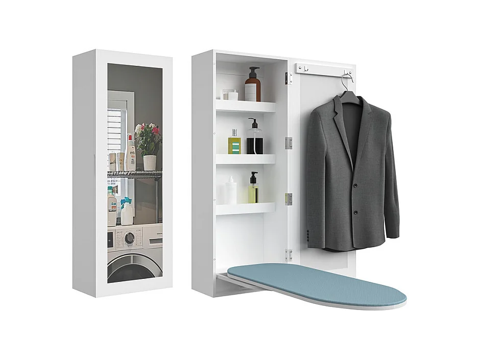 Armoire murale de salle de bain - avec Miroir et Table à Repasser - 180° pivotante - 35,5x21x95,5cm