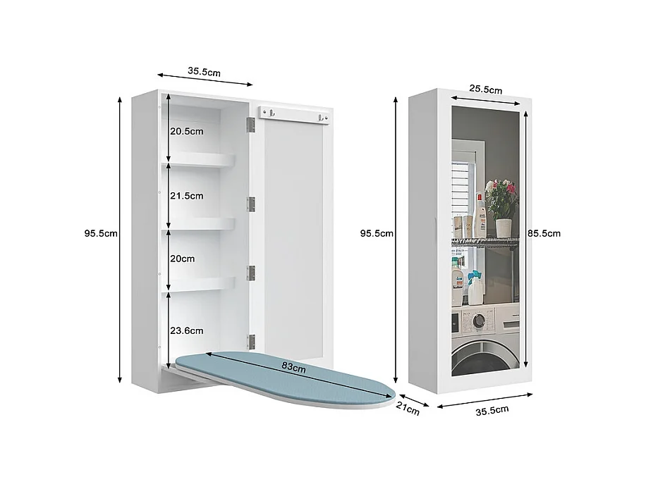 Armoire murale de salle de bain - avec Miroir et Table à Repasser - 180° pivotante - 35,5x21x95,5cm