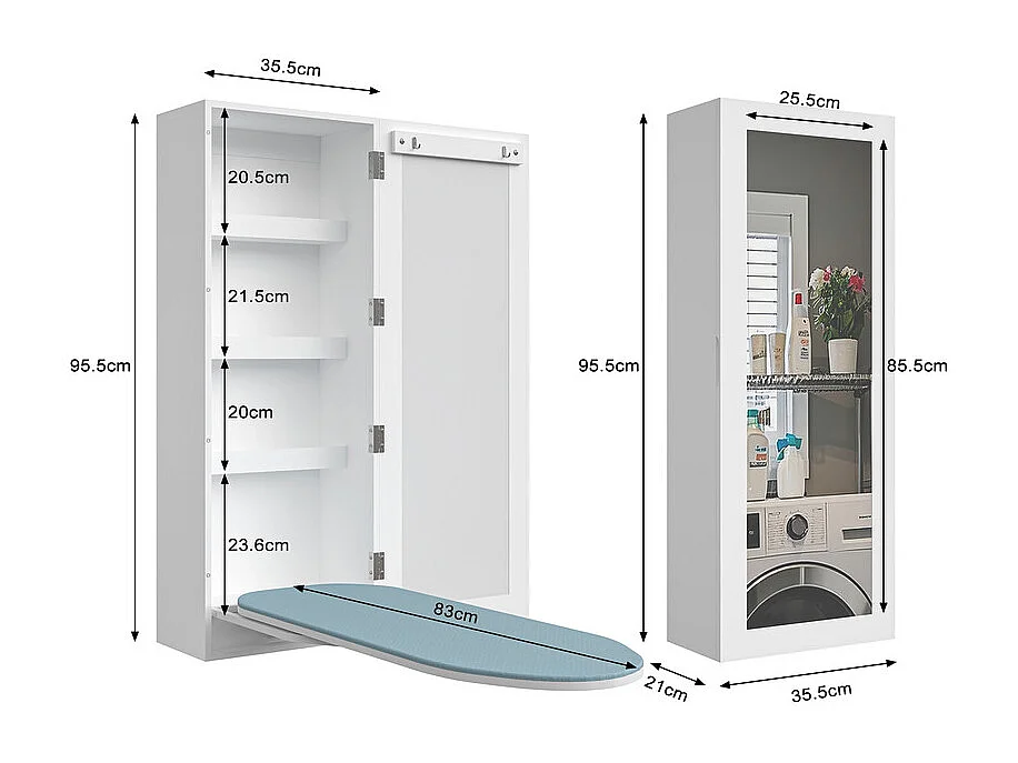 Armoire murale de salle de bain - avec Miroir et Table à Repasser - 180° pivotante - 35,5x21x95,5cm
