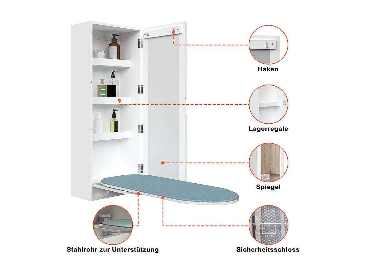 Armoire murale de salle de bain - avec Miroir et Table à Repasser - 180° pivotante - 35,5x21x95,5cm