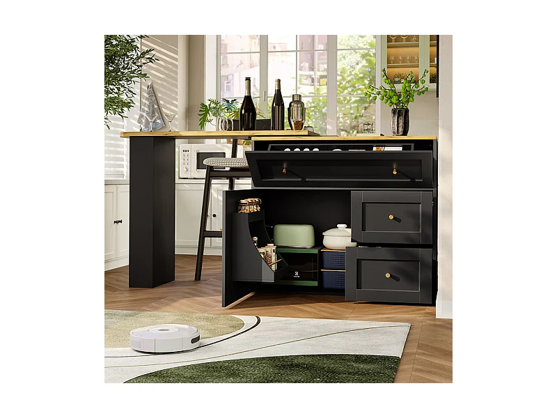 Draaibaar uitbreidbaar Bar Meubel - met 2 deuren, 2 lades en 3 nissen - MDF - 138/204×39×105cm - Zwart