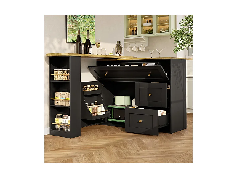 Draaibaar uitbreidbaar Bar Meubel - met 2 deuren, 2 lades en 3 nissen - MDF - 138/204×39×105cm - Zwart