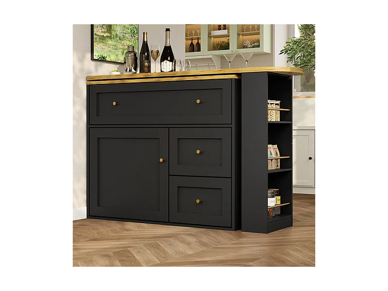 Meuble de bar extensible pivotant - avec 2 portes, 2 tiroir et 3 niche - MDF - 138/204×39×105cm - Noir