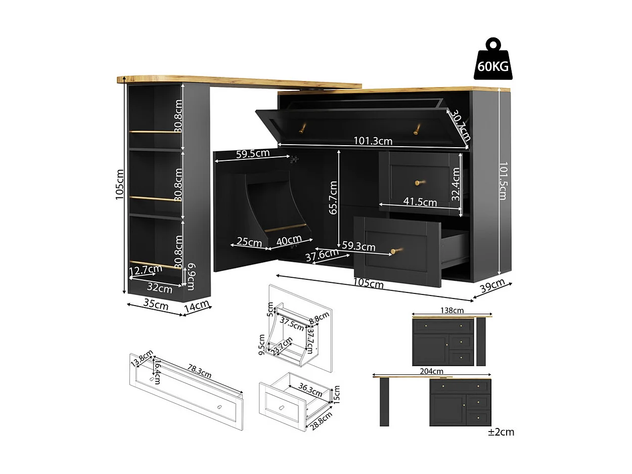 Meuble de bar extensible pivotant - avec 2 portes, 2 tiroir et 3 niche - MDF - 138/204×39×105cm - Noir