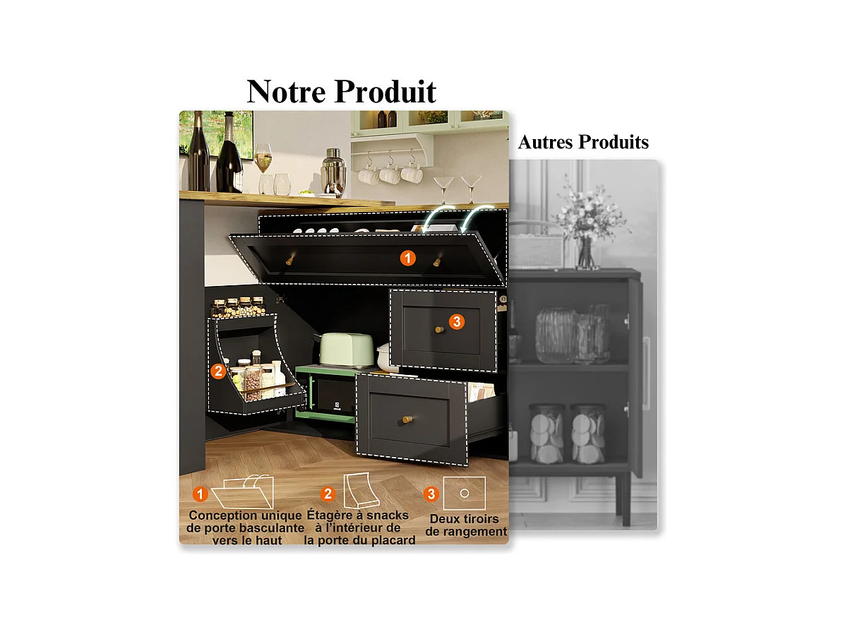 Meuble de bar extensible pivotant - avec 2 portes, 2 tiroir et 3 niche - MDF - 138/204×39×105cm - Noir