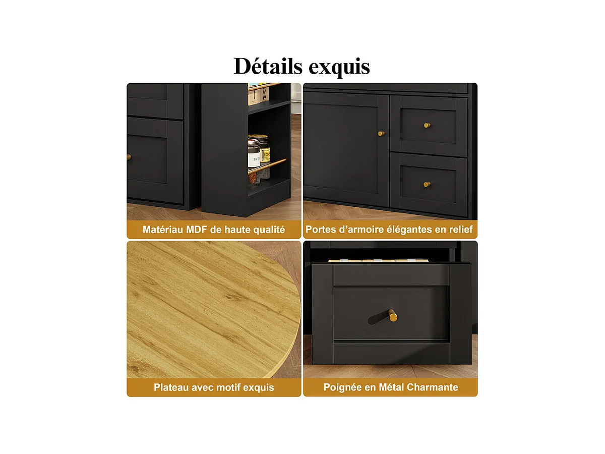 Meuble de bar extensible pivotant - avec 2 portes, 2 tiroir et 3 niche - MDF - 138/204×39×105cm - Noir