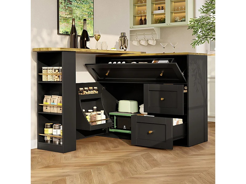 Meuble de bar extensible pivotant - avec 2 portes, 2 tiroir et 3 niche - MDF - 138/204×39×105cm - Noir