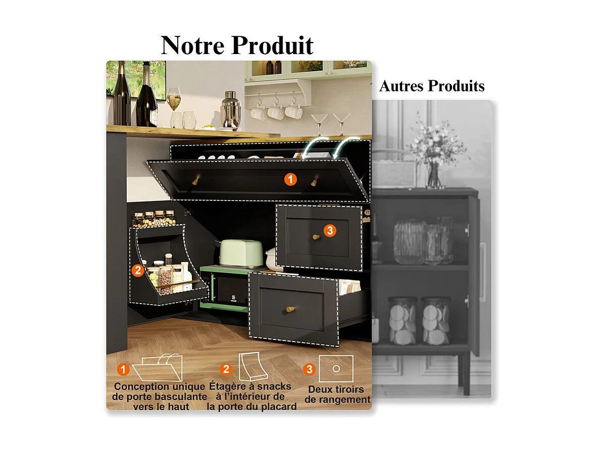 Meuble de bar extensible pivotant - avec 2 portes, 2 tiroir et 3 niche - MDF - 138/204×39×105cm - Noir