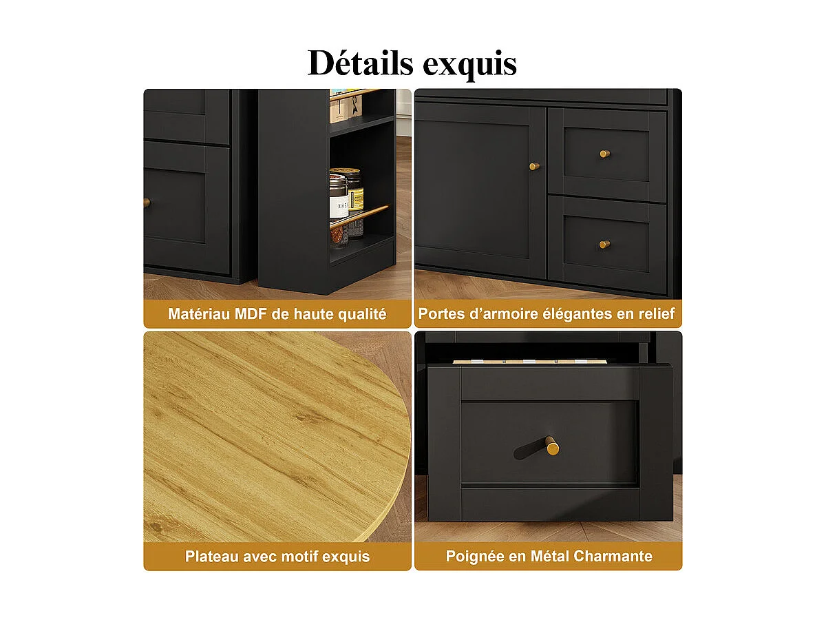 Meuble de bar extensible pivotant - avec 2 portes, 2 tiroir et 3 niche - MDF - 138/204×39×105cm - Noir