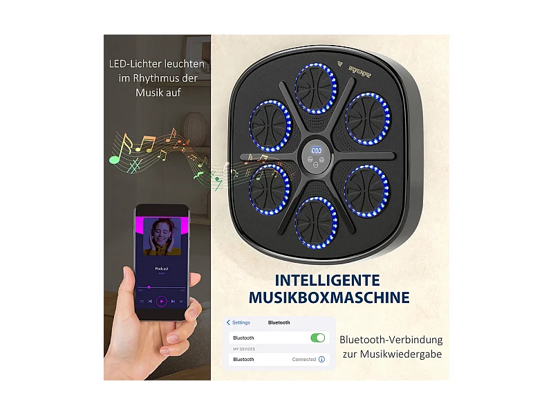 Music Boxing Machine - mit LED und Bluetooth - 9 Modi und 9 Geschwindigkeiten - 41,8 x 44,6 x 7,5 cm