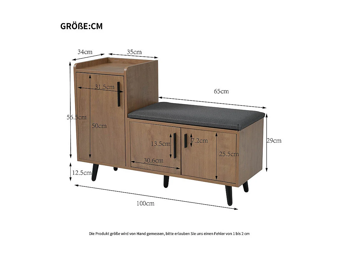 Meuble à chaussures - avec 3 portes et banc à chaussures - pour Salon, Couloir - 100x34x69cm
