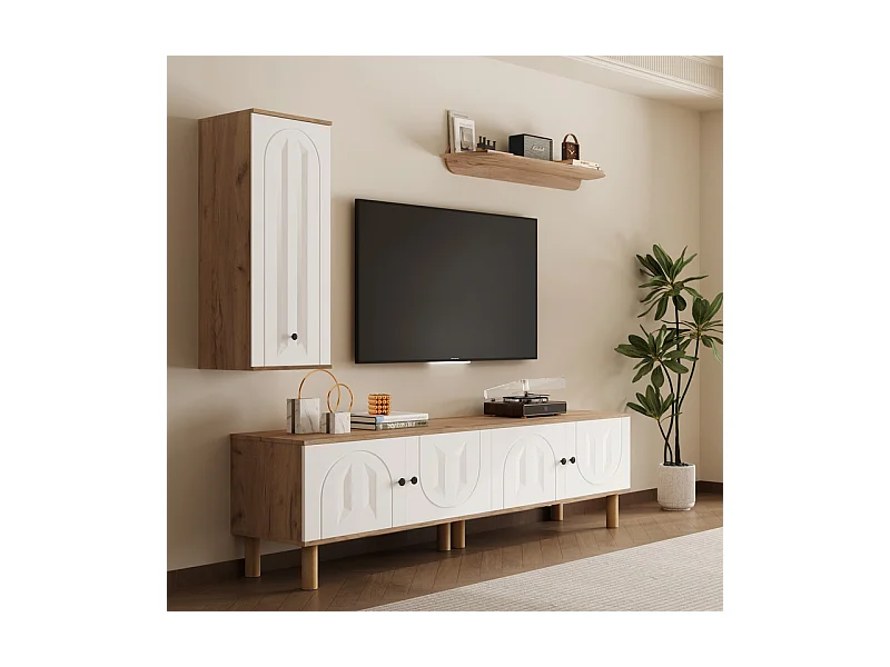 TV-Möbel-Set mit Vitrine und Wandregalen - Spanplatte + MDF - Weiß