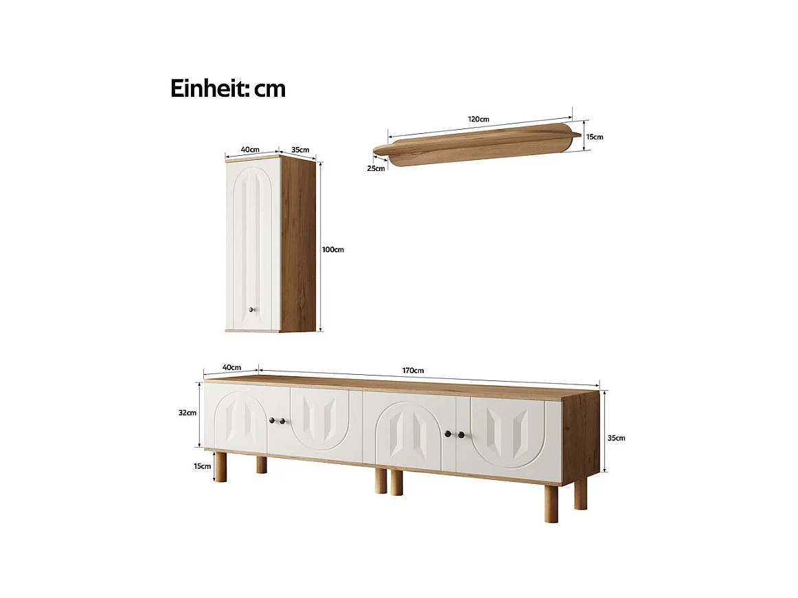 TV-Möbel-Set mit Vitrine und Wandregalen - Spanplatte + MDF - Weiß