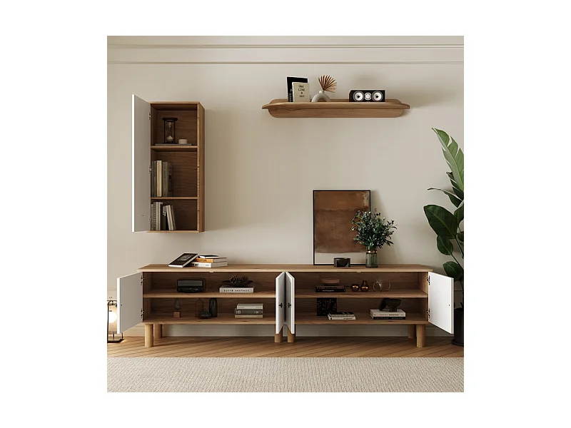 TV-Möbel-Set mit Vitrine und Wandregalen - Spanplatte + MDF - Weiß