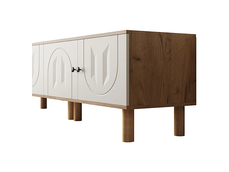 TV-Möbel-Set mit Vitrine und Wandregalen - Spanplatte + MDF - Weiß