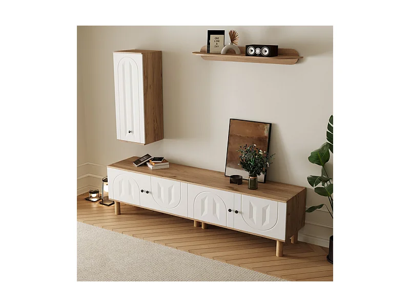 TV-Möbel-Set mit Vitrine und Wandregalen - Spanplatte + MDF - Weiß