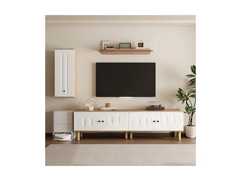 TV-Möbel-Set mit Vitrine und Wandregalen - Spanplatte + MDF - Weiß