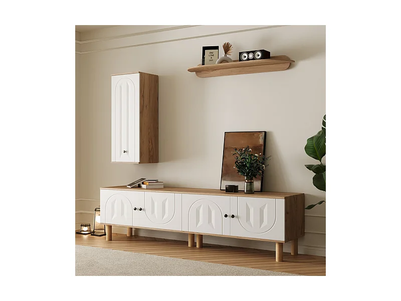 TV-Möbel-Set mit Vitrine und Wandregalen - Spanplatte + MDF - Weiß