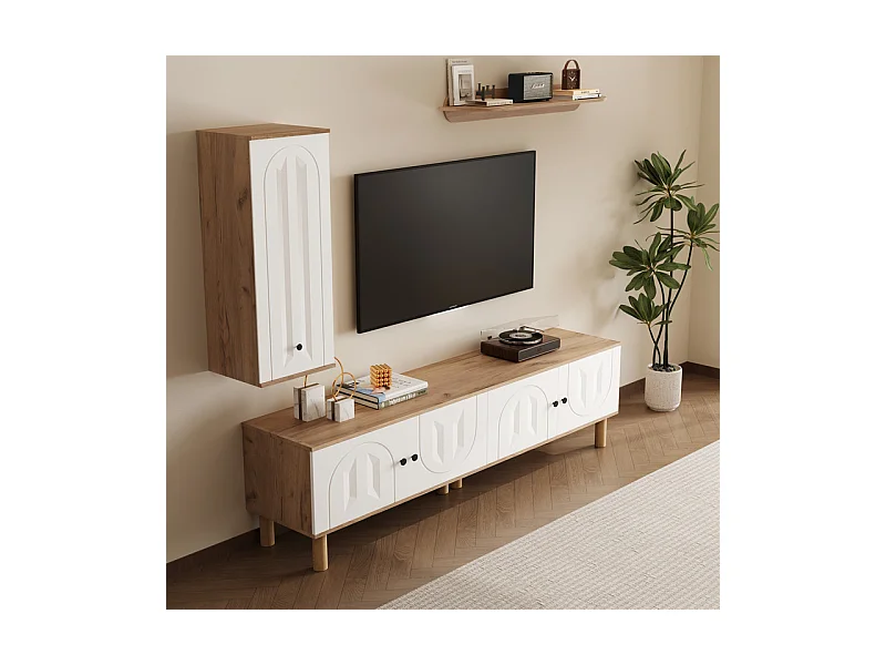 TV-Möbel-Set mit Vitrine und Wandregalen - Spanplatte + MDF - Weiß