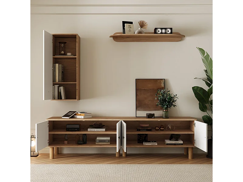 TV-Möbel-Set mit Vitrine und Wandregalen - Spanplatte + MDF - Weiß