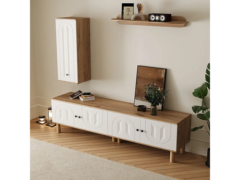 TV-Möbel-Set mit Vitrine und Wandregalen - Spanplatte + MDF - Weiß