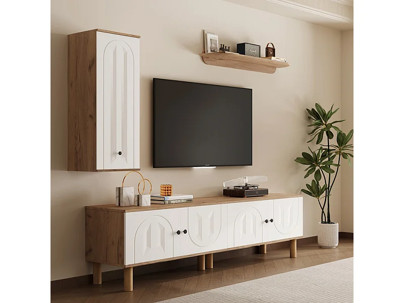 Set mobile TV con Vetrina e mensole murali - Pannello di particelle + MDF - Bianco