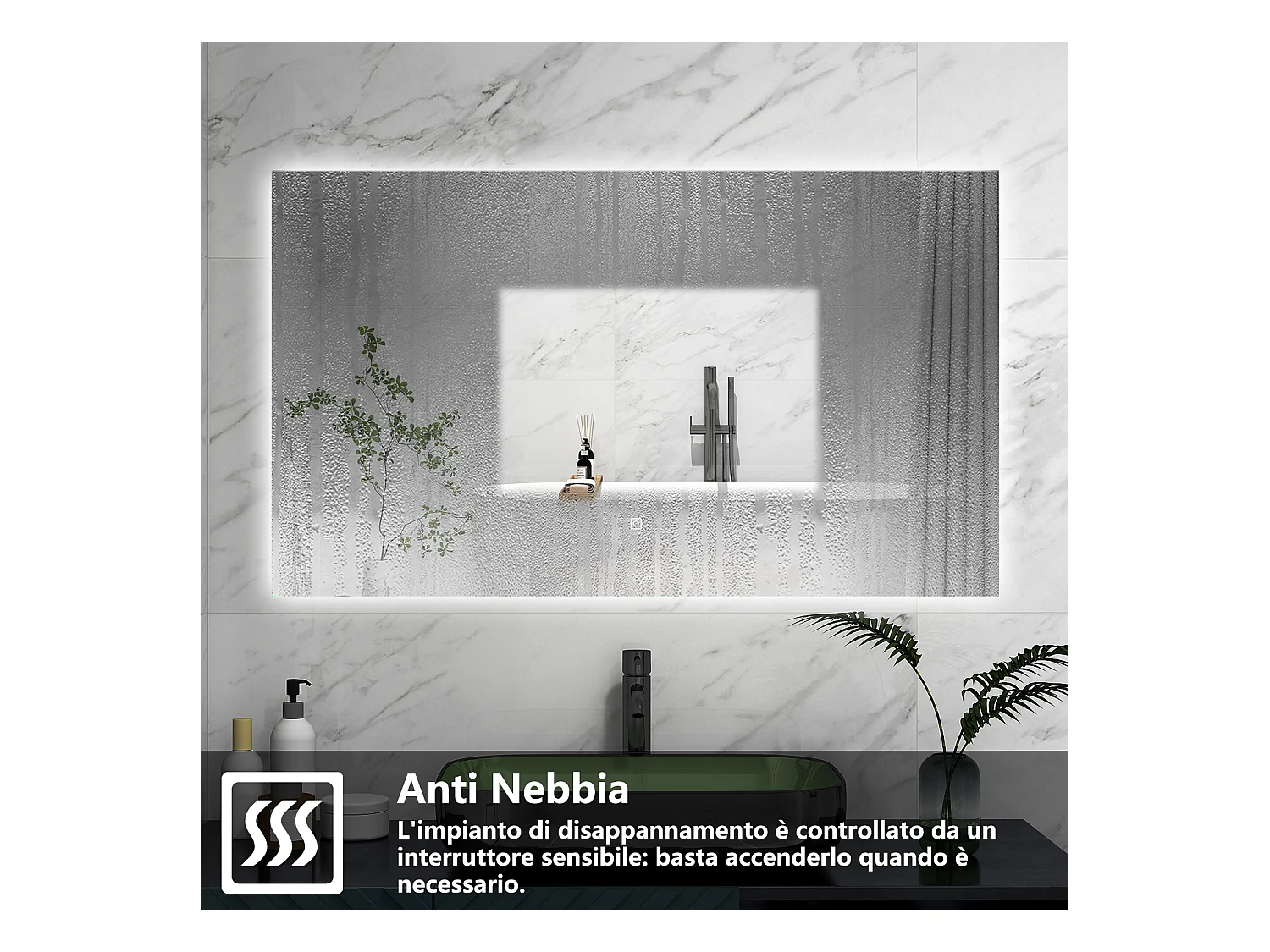 AICA Specchio 100x60cm,Memoria, Antifog,Regorabile,Retroilluminato,doppio interruttore