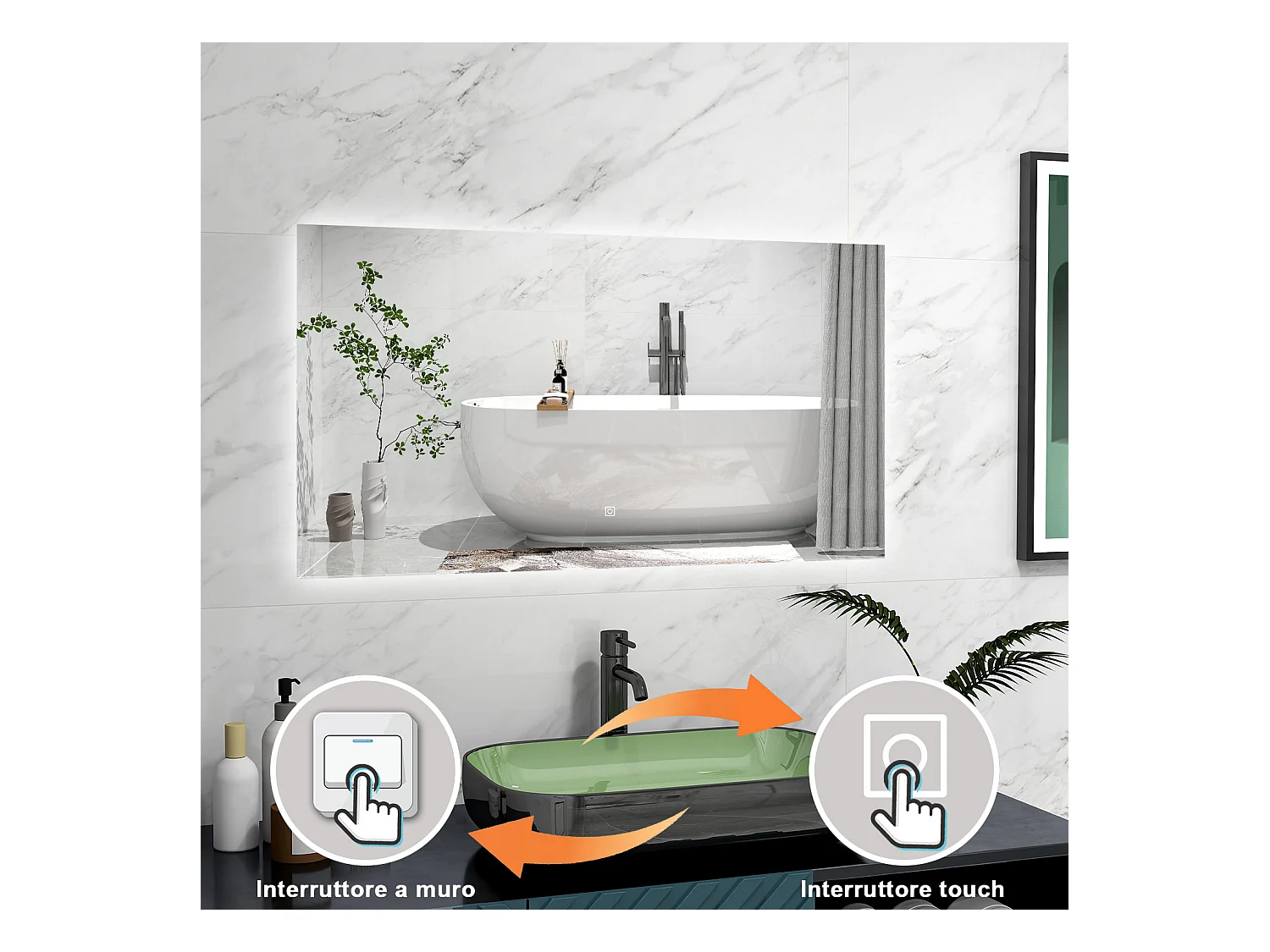 AICA Specchio 100x60cm,Memoria, Antifog,Regorabile,Retroilluminato,doppio interruttore