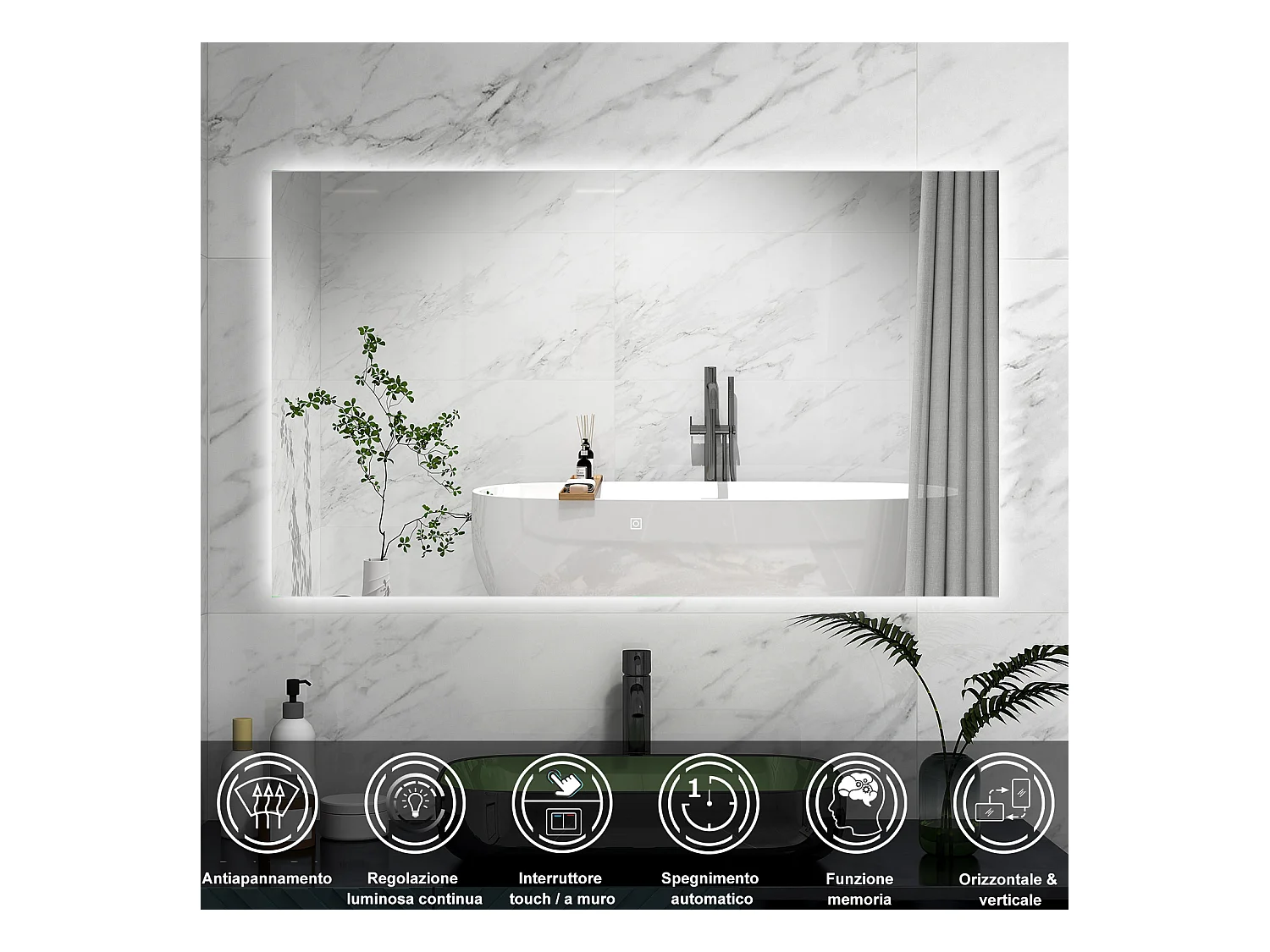 AICA Specchio 100x60cm,Memoria, Antifog,Regorabile,Retroilluminato,doppio interruttore