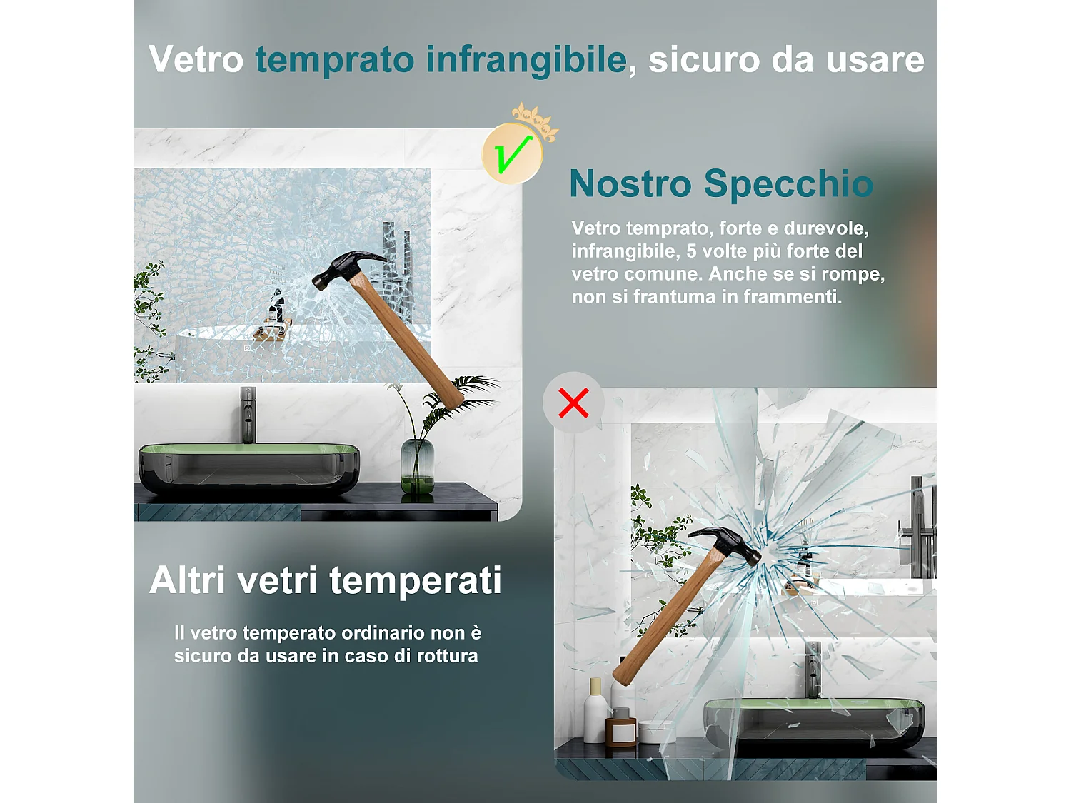 AICA Specchio 100x60cm,Memoria, Antifog,Regorabile,Retroilluminato,doppio interruttore