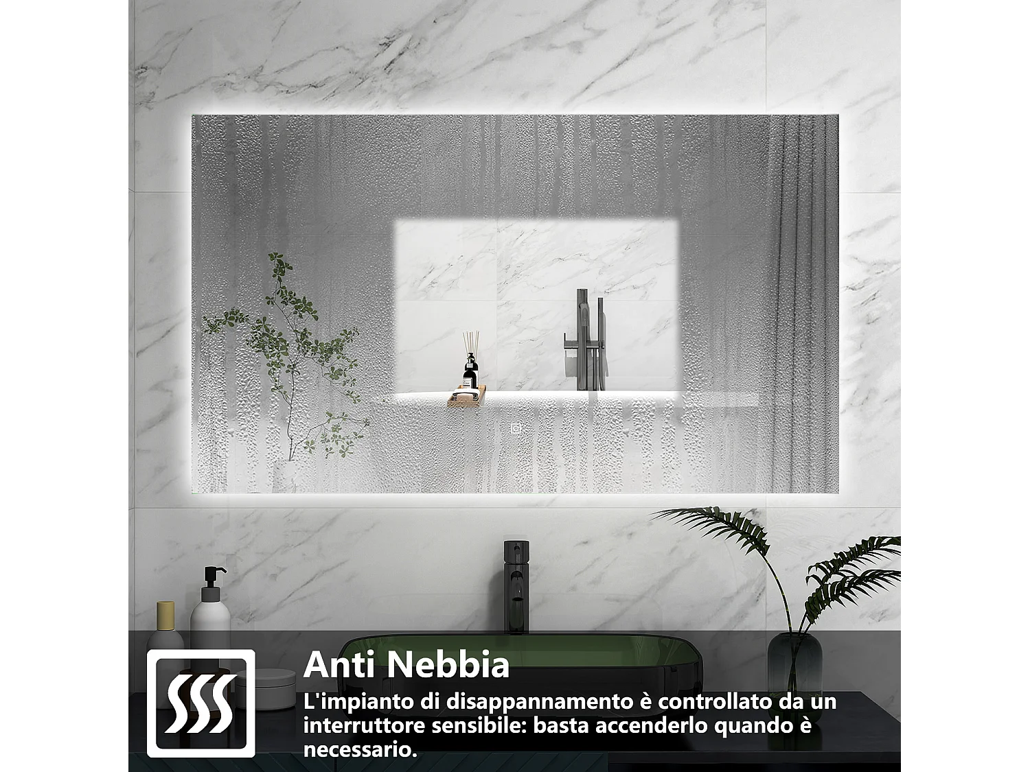 AICA Specchio 100x60cm,Memoria, Antifog,Regorabile,Retroilluminato,doppio interruttore