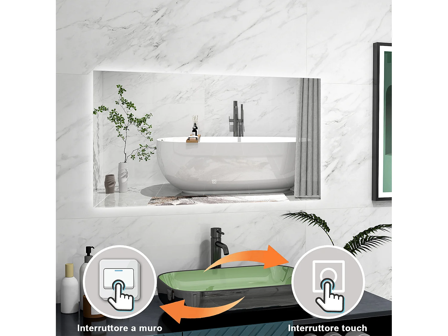 AICA Specchio 100x60cm,Memoria, Antifog,Regorabile,Retroilluminato,doppio interruttore