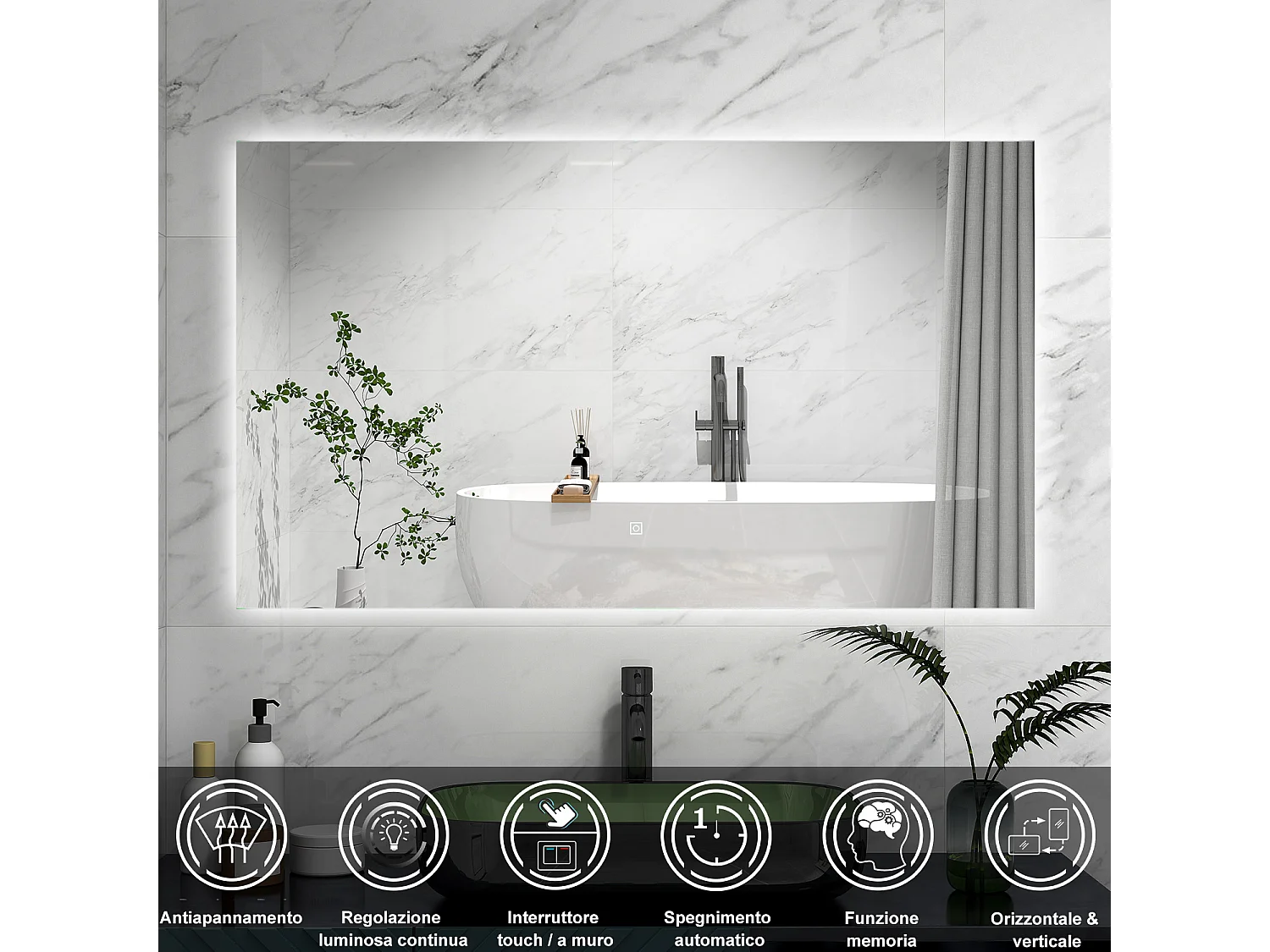 AICA Specchio 100x60cm,Memoria, Antifog,Regorabile,Retroilluminato,doppio interruttore