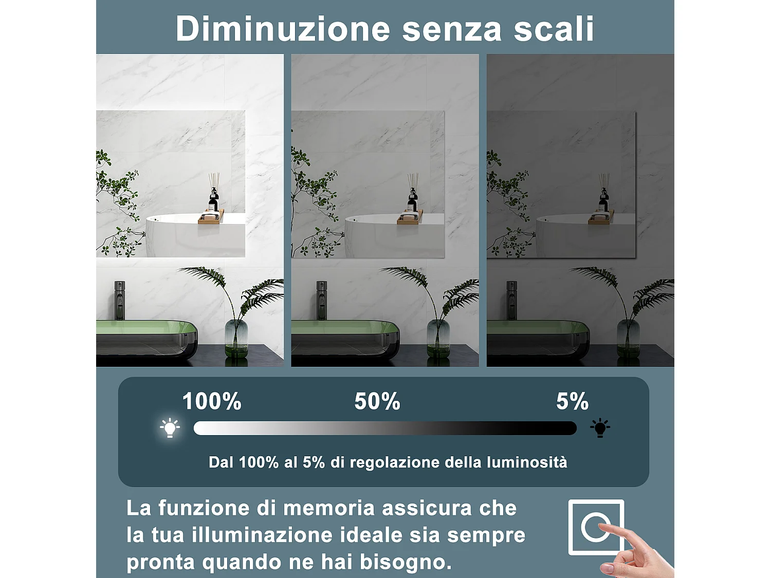 AICA Specchio 100x60cm,Memoria, Antifog,Regorabile,Retroilluminato,doppio interruttore