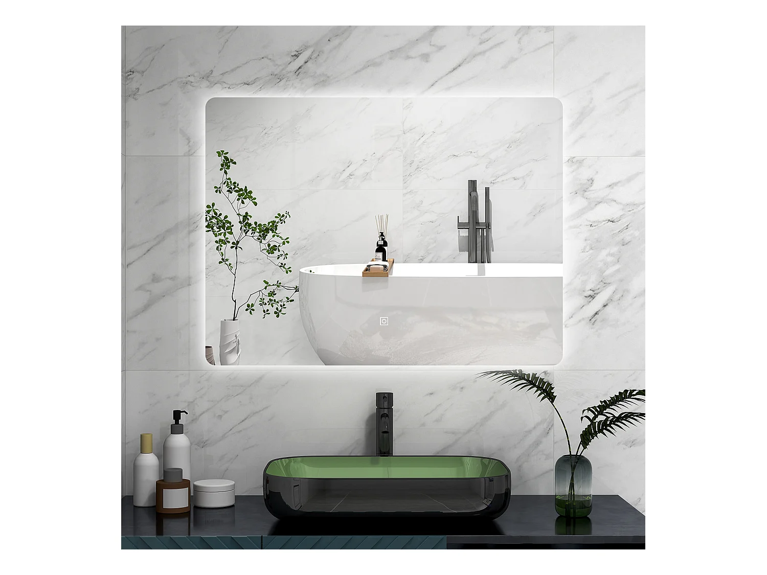 AICA Specchio 90x60cm,Memoria,Regorabile,Retroilluminato,doppio interruttore,HD temperato